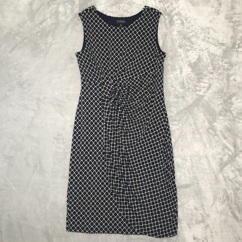Enfocus Studio Dress Womens 14 Blue Tan Jersey Knit Ruched Sheath Sleeveless